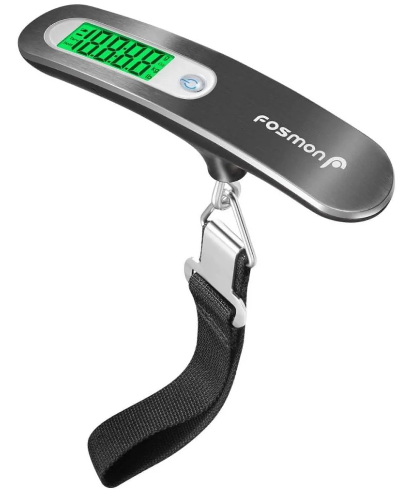 Luggage scale - <a href="https://www.fosmon.com/stainless-steel-digital-luggage-scale-with-tare-function-and-110lb-50kg-capacity-silver">Photo Source</a>